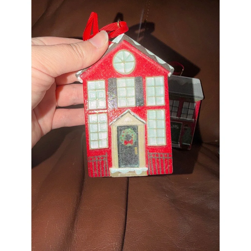 Set of 2 Christmas Wooden House‎ Ornaments Red Green Glitter Holiday Decor